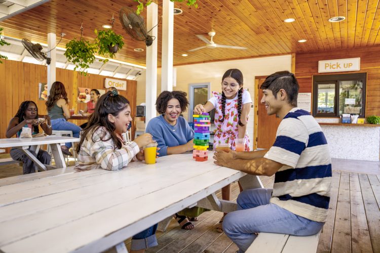 Family Playing Game on patio at picnic table