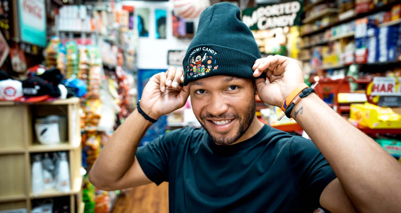 Jalen Brunson Trying on Economy Candy Hat ()